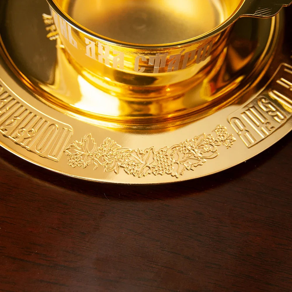 Gold-Plated Orthodox Holy Oil Utensil Set – Engraved Liturgical Dish, Spoon & Vessel