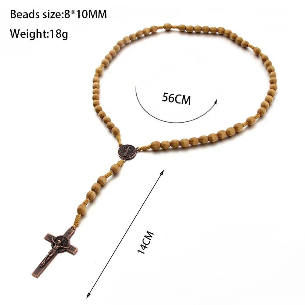 Handmade Wooden Bead Rosary Necklace with Crucifix – Braided Catholic Prayer Rosary for Men & Women - Sylva