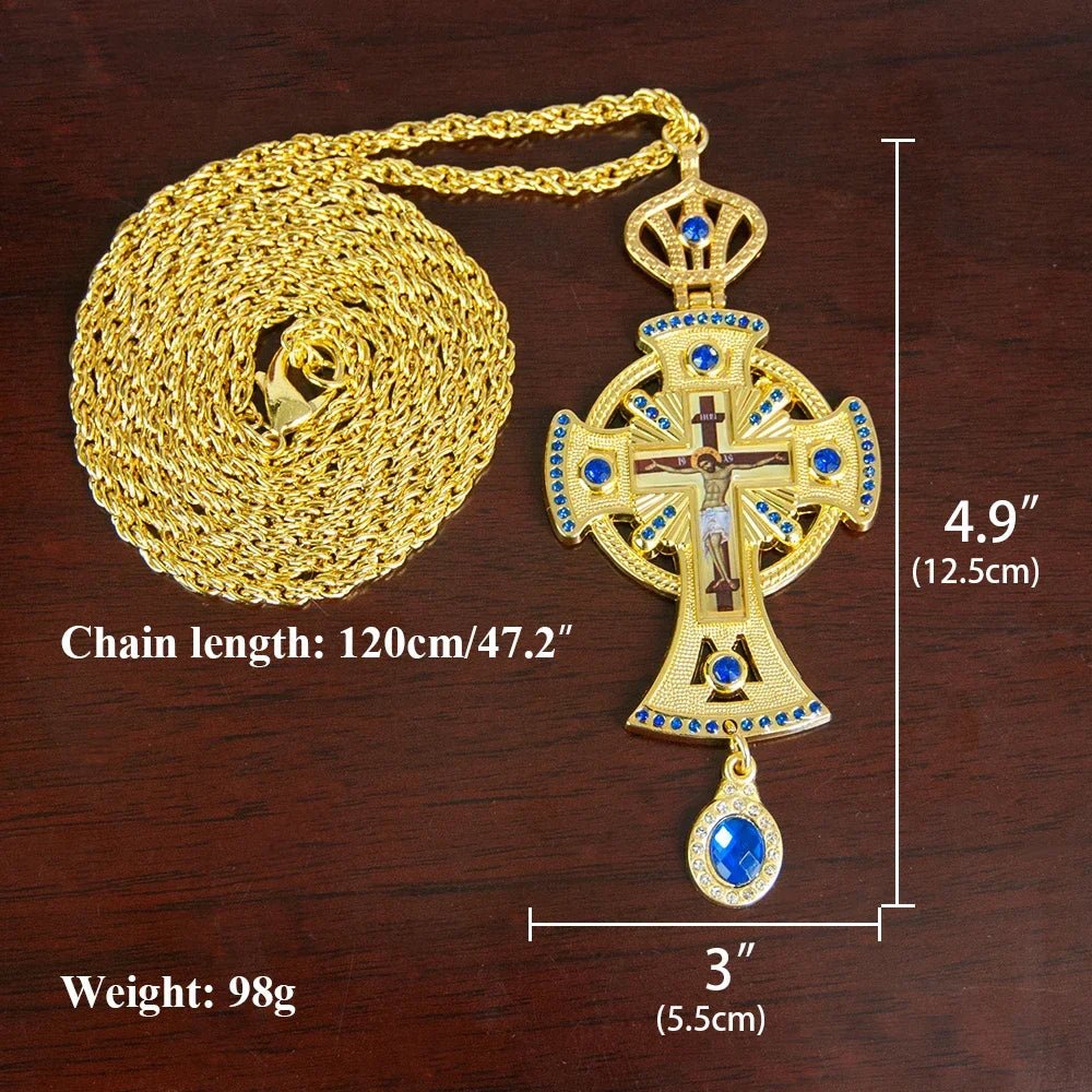 Orthodox Pectoral Cross Necklace – Gold-Tone Christian Prayer Pendant with Blue Crystal Details - Sylva
