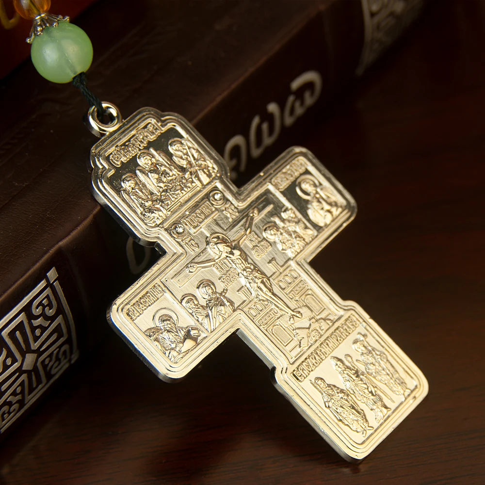 Orthodox Cross Necklace with Wooden Bead Chain – Jesus Crucifix Prayer Jewelry