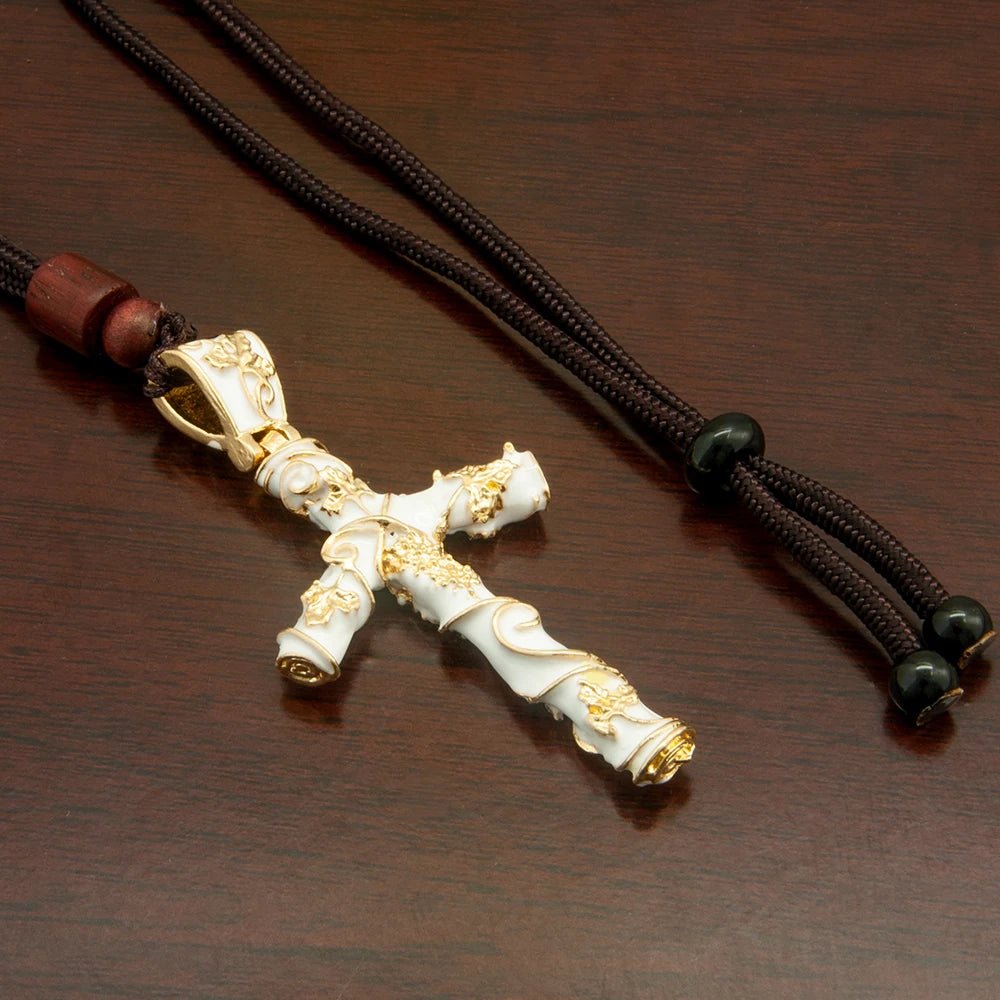 Christian Grape Vine Crucifix Bead Necklace – Black & Gold Religious Pendant - Sylva