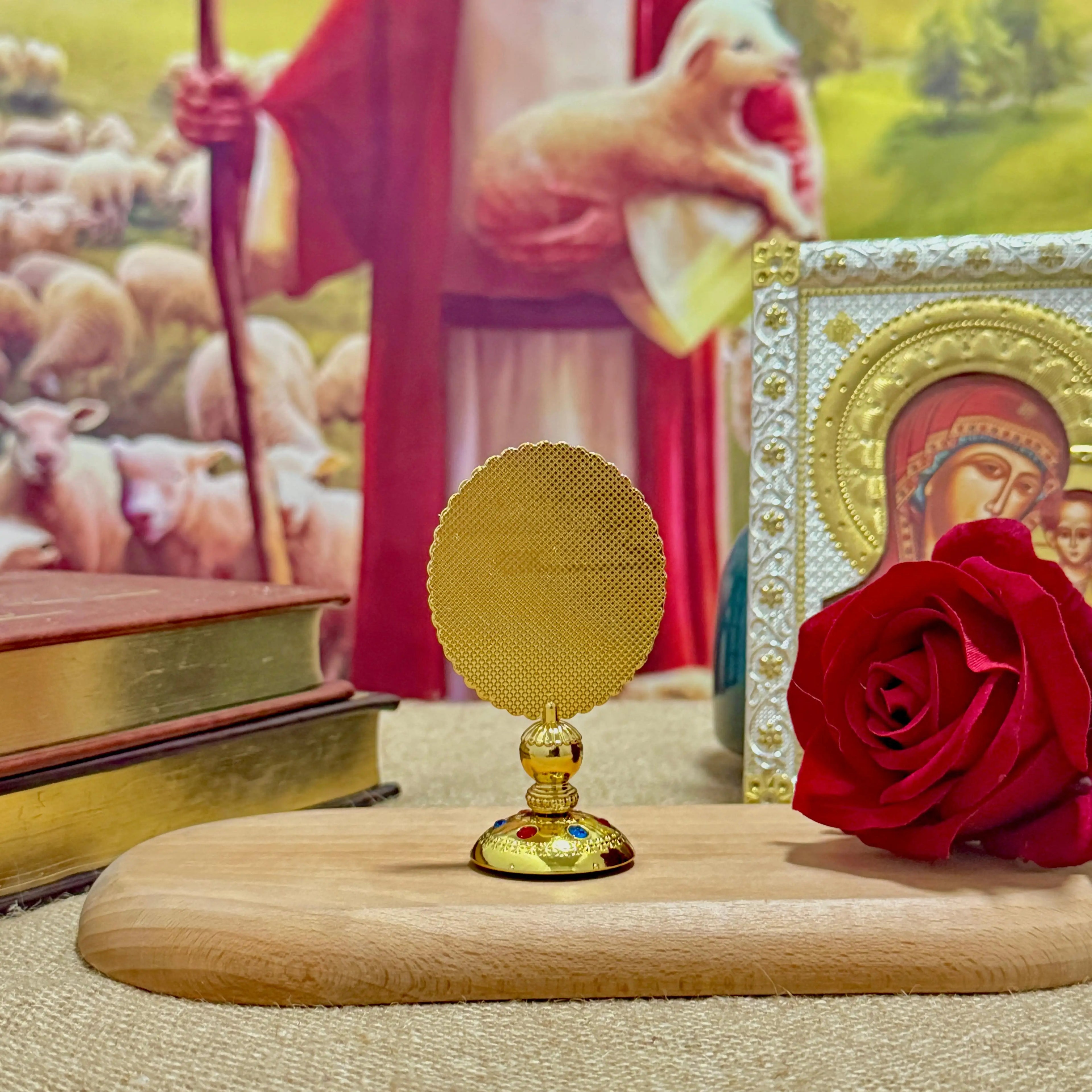3.35” Orthodox Virgin Mary Icon for Car Dashboard – Gold-Plated Christian Dashboard Ornament with Stick-On Base - Sylva