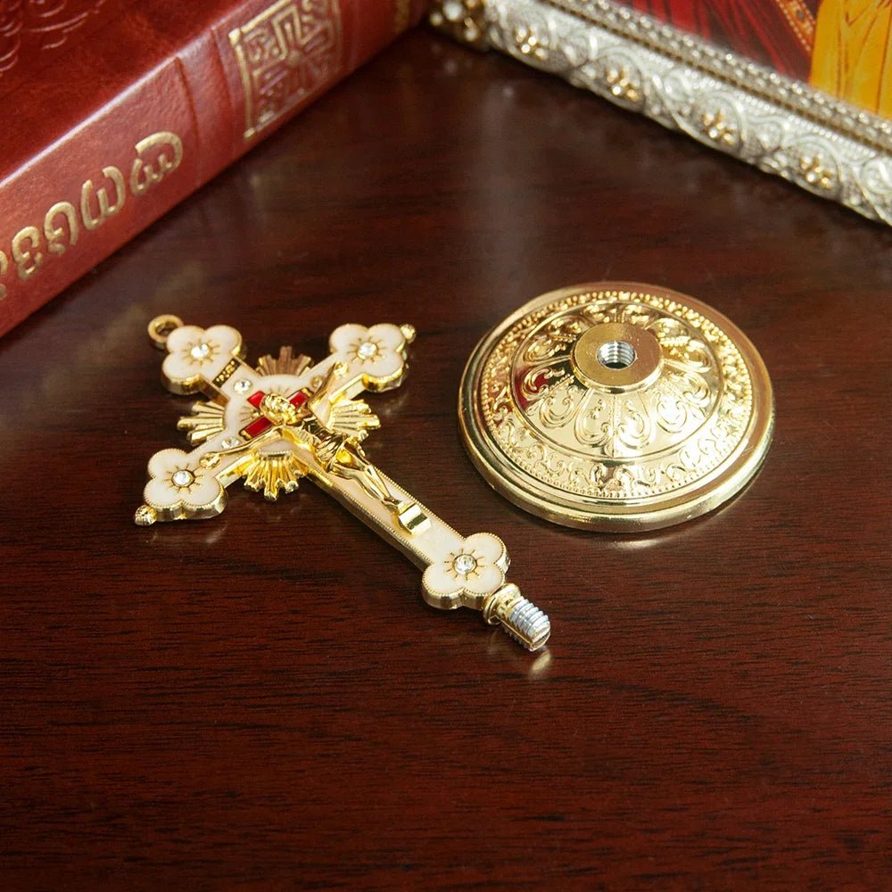 Small Gold Tabletop Crucifix – Christian Home and Car Cross Ornament - Sylva