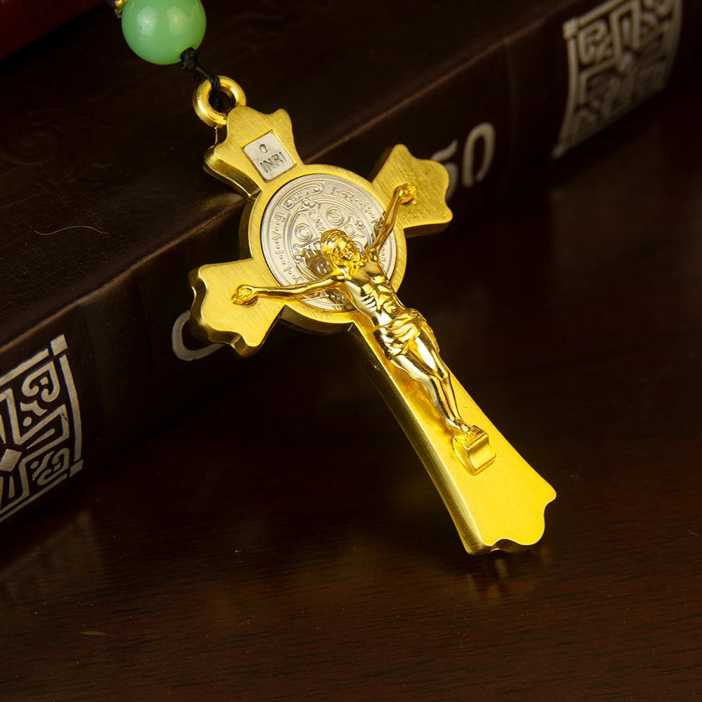 Orthodox Crucifix Necklace with Wooden Rosary Beads – Gold Cross Pendant