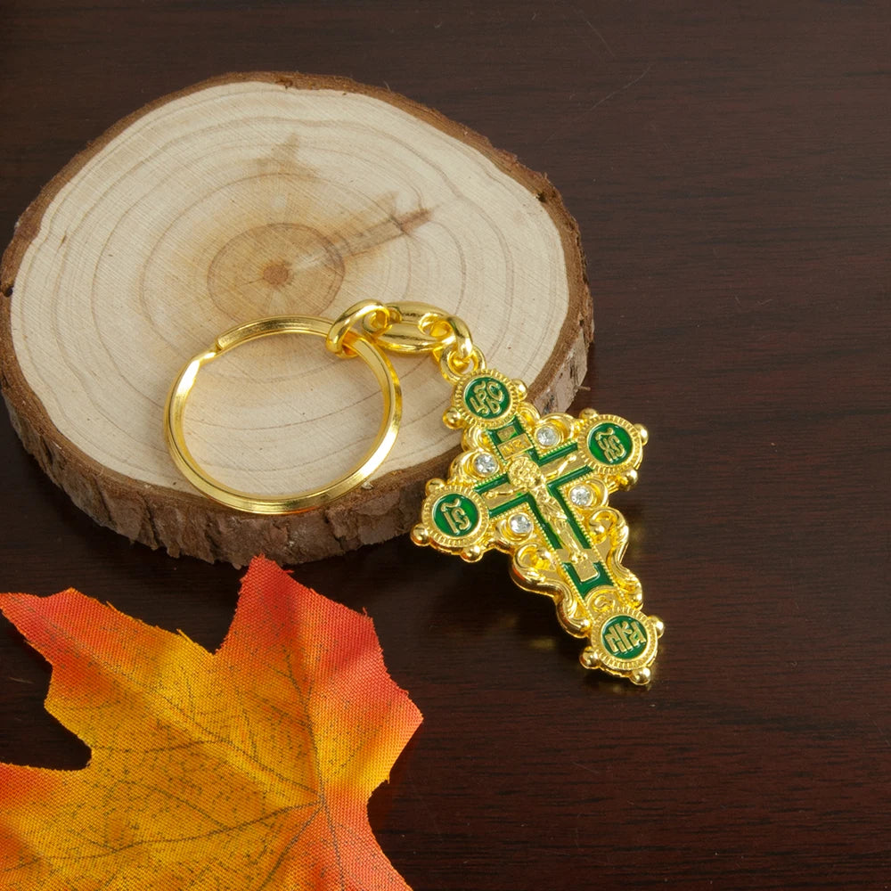 Orthodox Cross Keychain – Gold Plated Jesus Crucifix Religious Key Ring