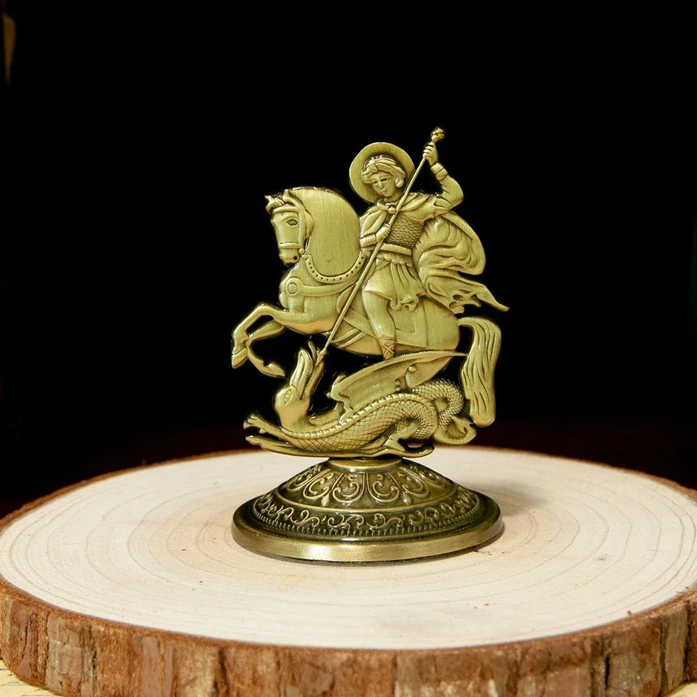 Saint George Dragon Slayer Statue – Gold-Tone Orthodox-Inspired Christian Table Decor - Sylva