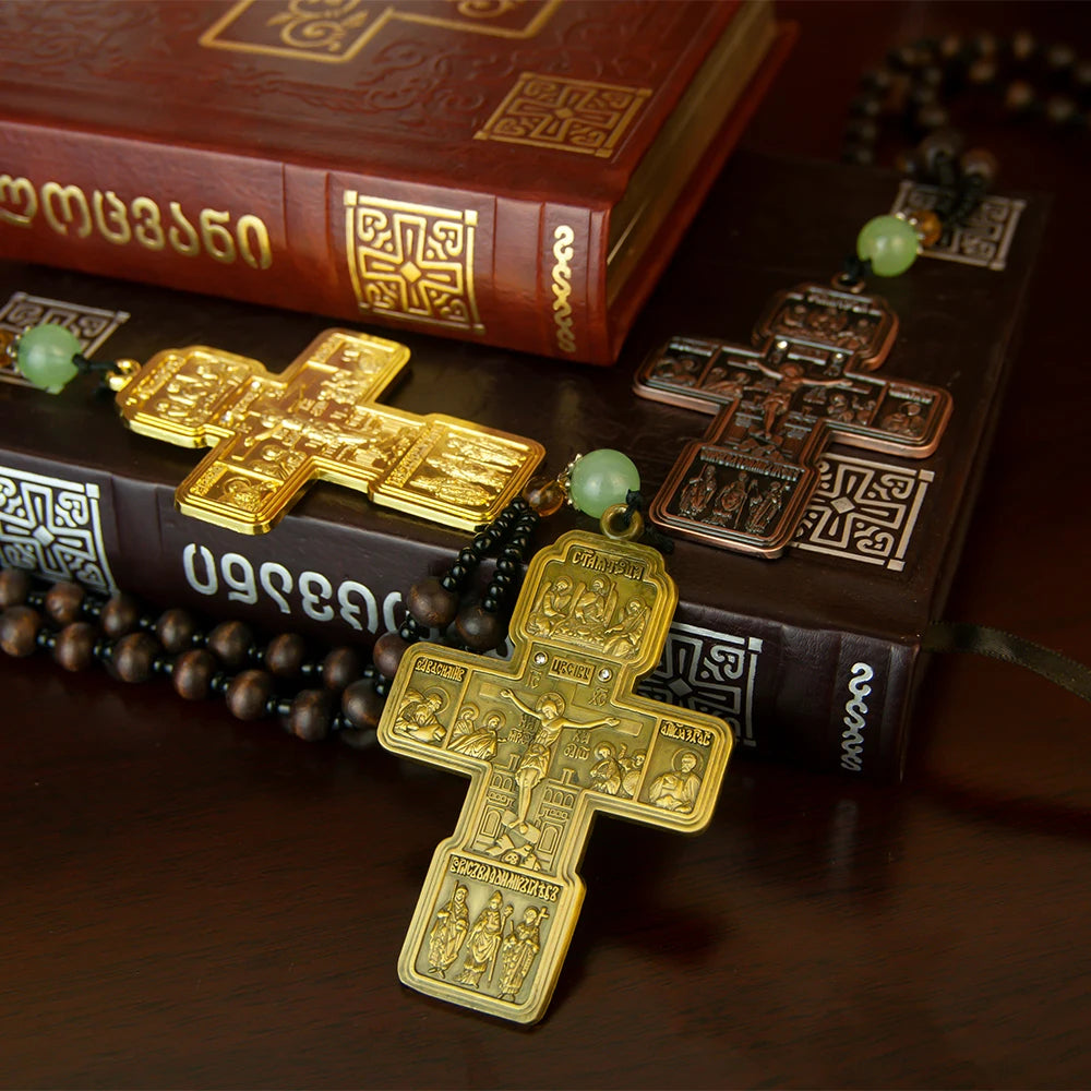 Orthodox Cross Necklace with Wooden Bead Chain – Jesus Crucifix Prayer Jewelry