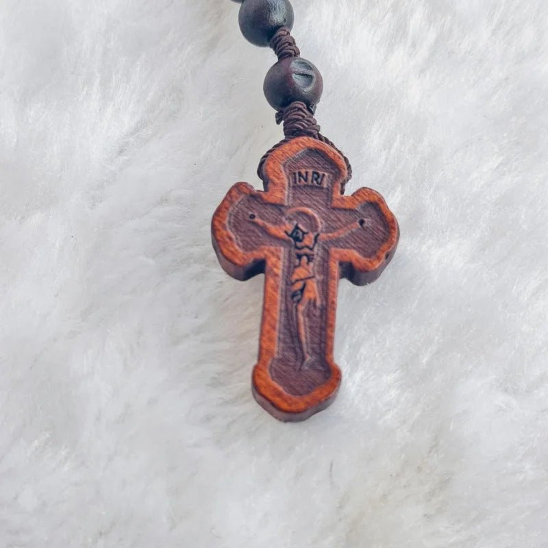 Handmade Dark Wood Catholic Rosary Beads with Engraved Crucifix | Christian Prayer Necklace - Sylva
