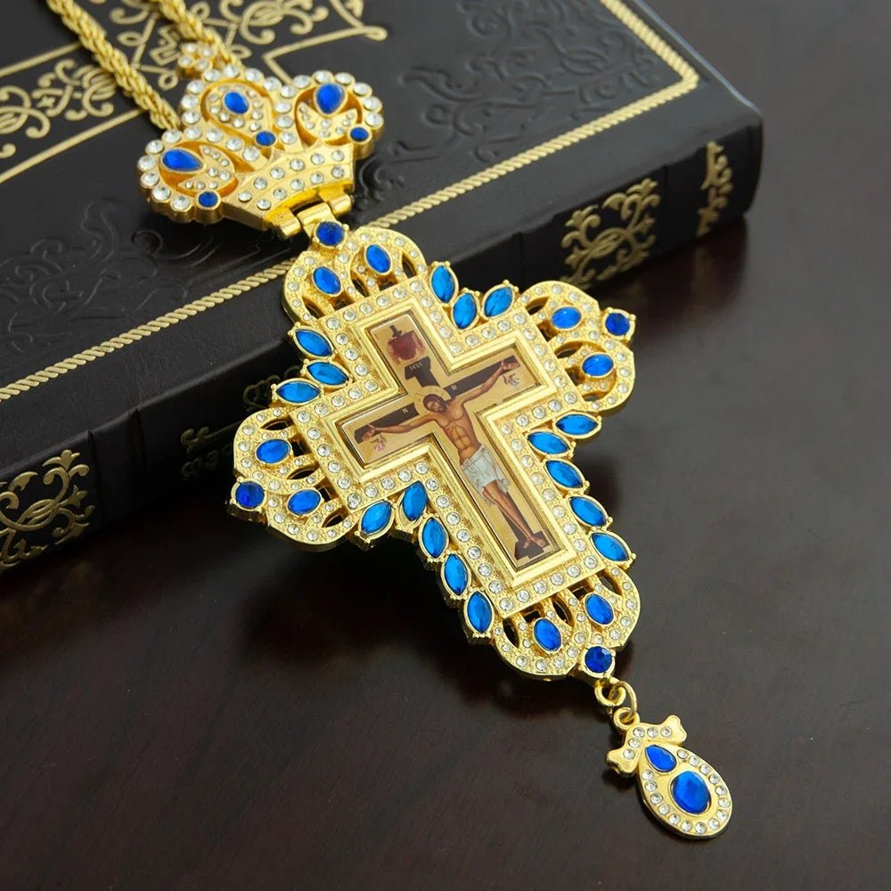 Gold-Plated Orthodox Pectoral Cross with Chain & Gemstone Accents - Sylva