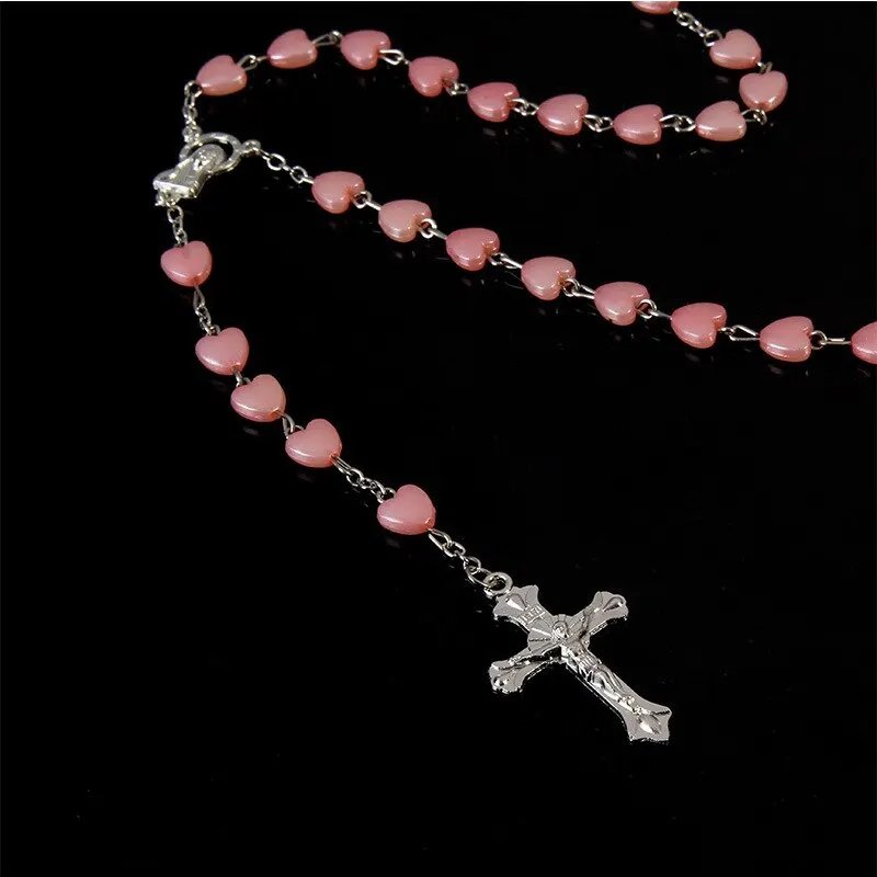 Handmade Pink & White Heart Bead Rosary Necklace – White Gold-Plated Catholic Prayer Beads with Cross Crucifix | Christian Devotional Gift
