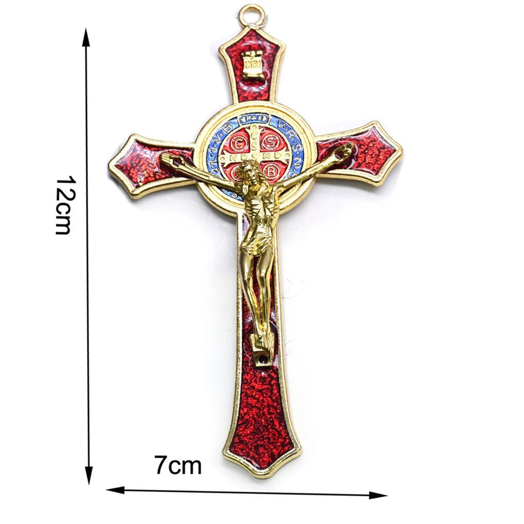 Saint Benedict Red Enamel Wall Crucifix Cross 12cm | Catholic Protection Cross with San Benito Medal