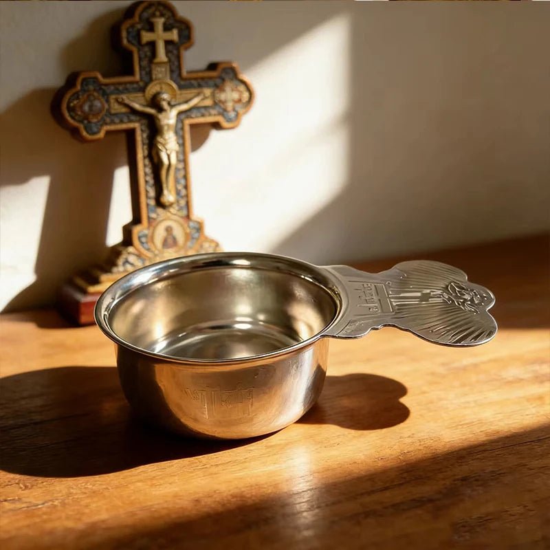 Orthodox Stainless Steel Holy Water Scoop with Cross Handle | Church Liturgy Ritual Ladle for Holy Water & Home Prayer | Christian Gift - Sylva