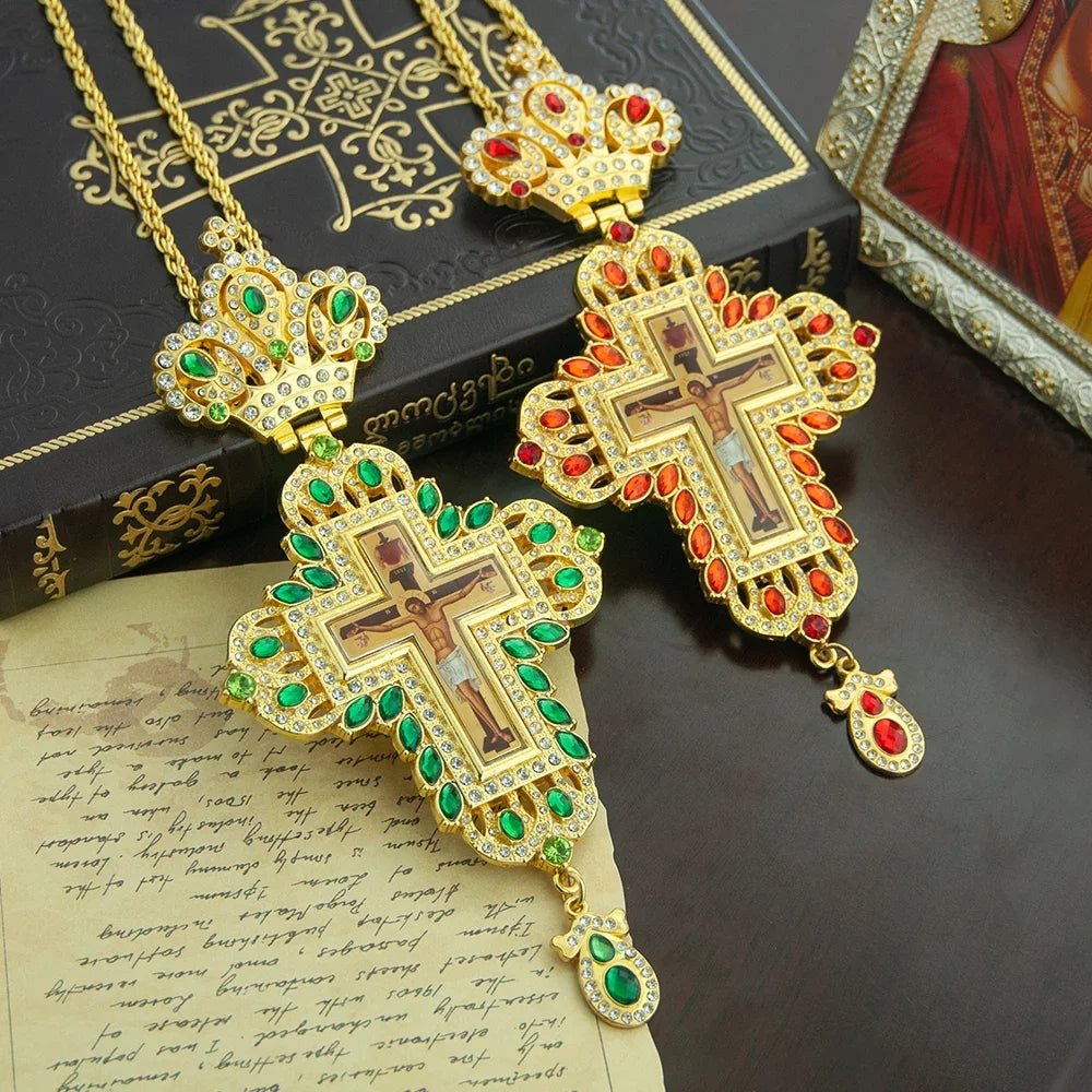 Gold-Plated Orthodox Pectoral Cross with Chain & Gemstone Accents - Sylva