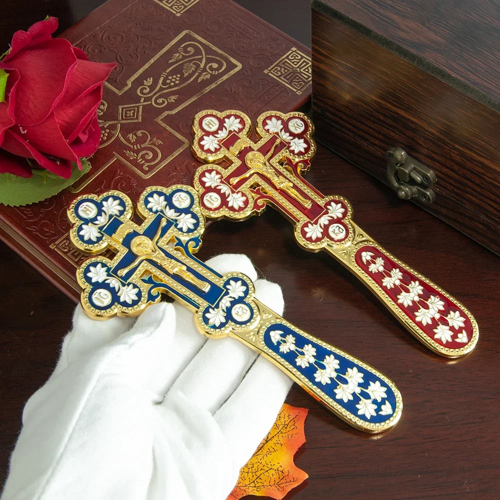 Orthodox Handheld Blessing Cross with Jesus Icon – Gold Enamel Crucifix