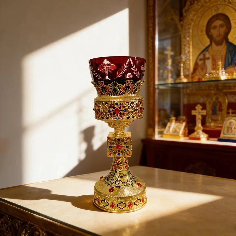 Gold-Plated Orthodox Catholic Liturgical Chalice with Red Glass Cup - Sylva
