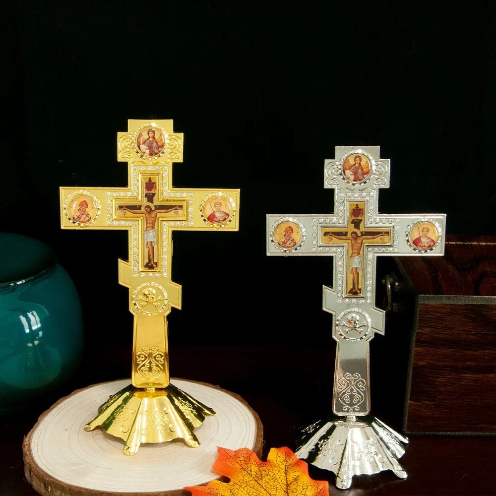 Orthodox-Style Standing Crucifix with Icon Details – Gold-Tone Prayer Corner Cross - Sylva