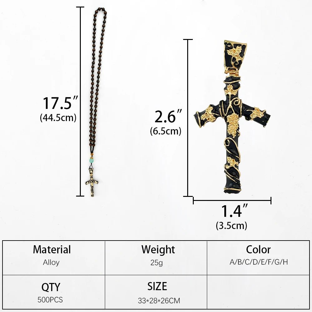 Christian Grape Vine Crucifix Bead Necklace – Black & Gold Religious Pendant - Sylva