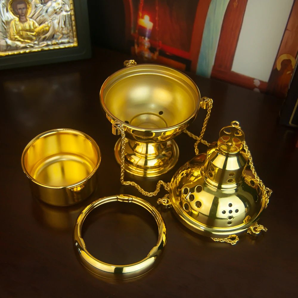 Premium Orthodox Church Incense Burner with Boat & Spoon – Traditional Greek Metal Thurible for Catholic & Orthodox Worship