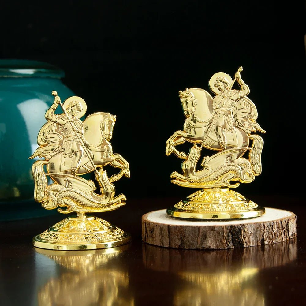 Saint George Dragon Slayer Statue – Gold-Tone Orthodox-Inspired Christian Table Decor - Sylva