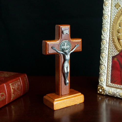 Catholic Wooden Saint Benedict Crucifix with Base – 11cm Standing Prayer Cross - Sylva