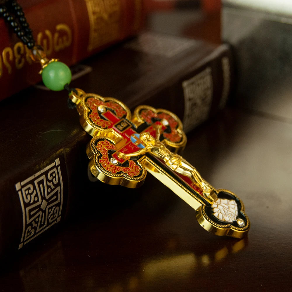 Orthodox Cross Necklace with Wooden Rosary Beads – Jesus Crucifix Prayer Jewelry