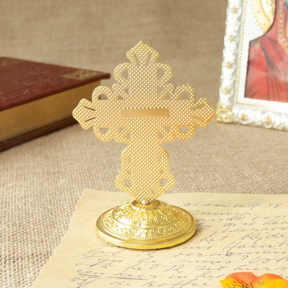 Gold Jesus Crucifix Cross Ornament with Red Rhinestones – 3.5” Zinc Alloy Christian Home Altar Desktop Cross Decoration | Orthodox & Catholic Religious Gift