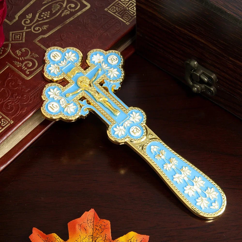 Orthodox Handheld Blessing Cross with Jesus Icon – Gold Enamel Crucifix - Sylva
