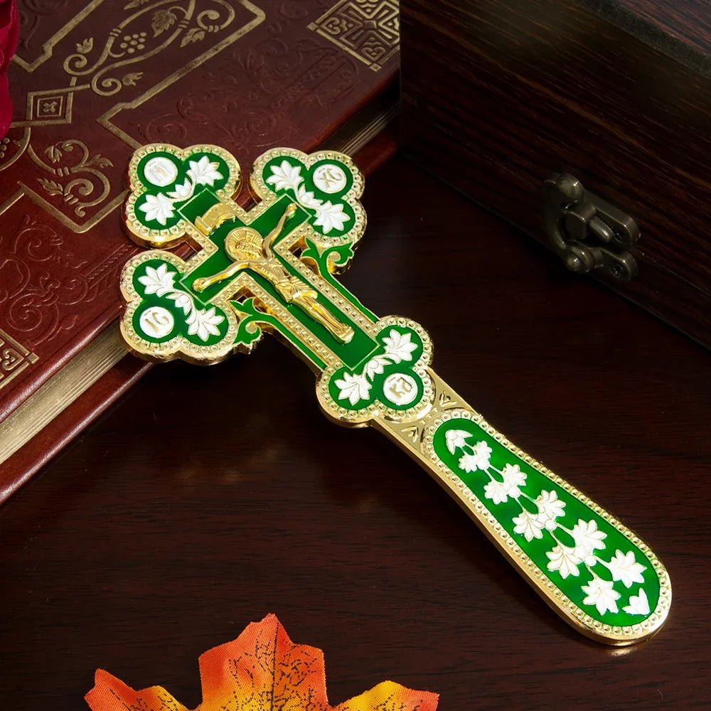 Orthodox Handheld Blessing Cross with Jesus Icon – Gold Enamel Crucifix - Sylva
