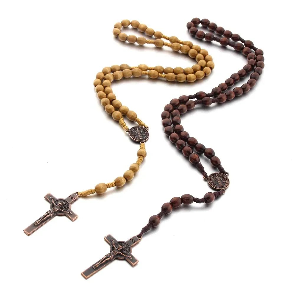 Handmade Wooden Bead Rosary Necklace with Crucifix – Braided Catholic Prayer Rosary for Men & Women - Sylva