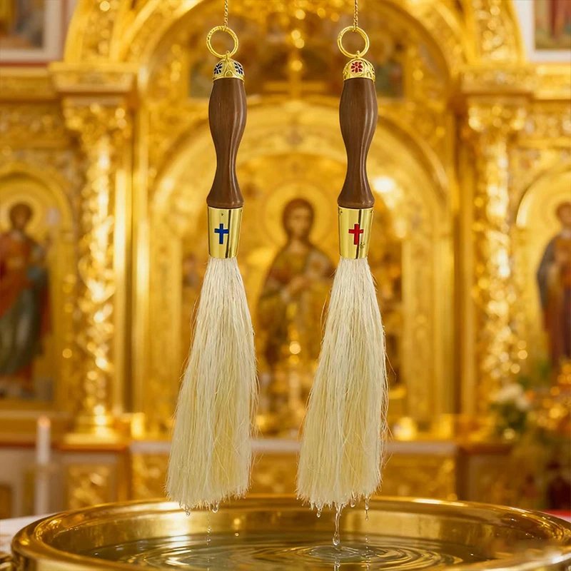 Orthodox Holy Water Blessing Brush – 15” Wooden Handle Holy Water Sprinkler with Synthetic Wool & Metal Cross | Church & Home Blessing Tool
