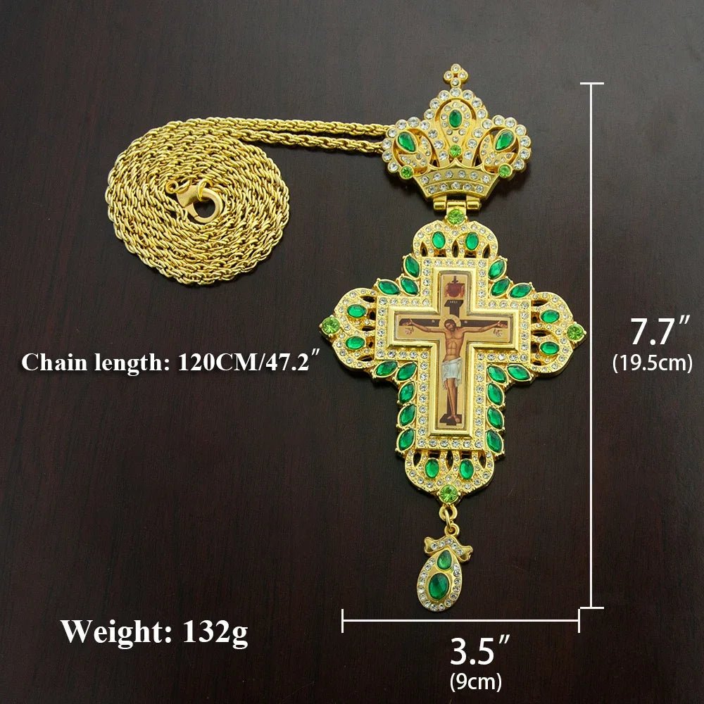 Gold-Plated Orthodox Pectoral Cross with Chain & Gemstone Accents - Sylva