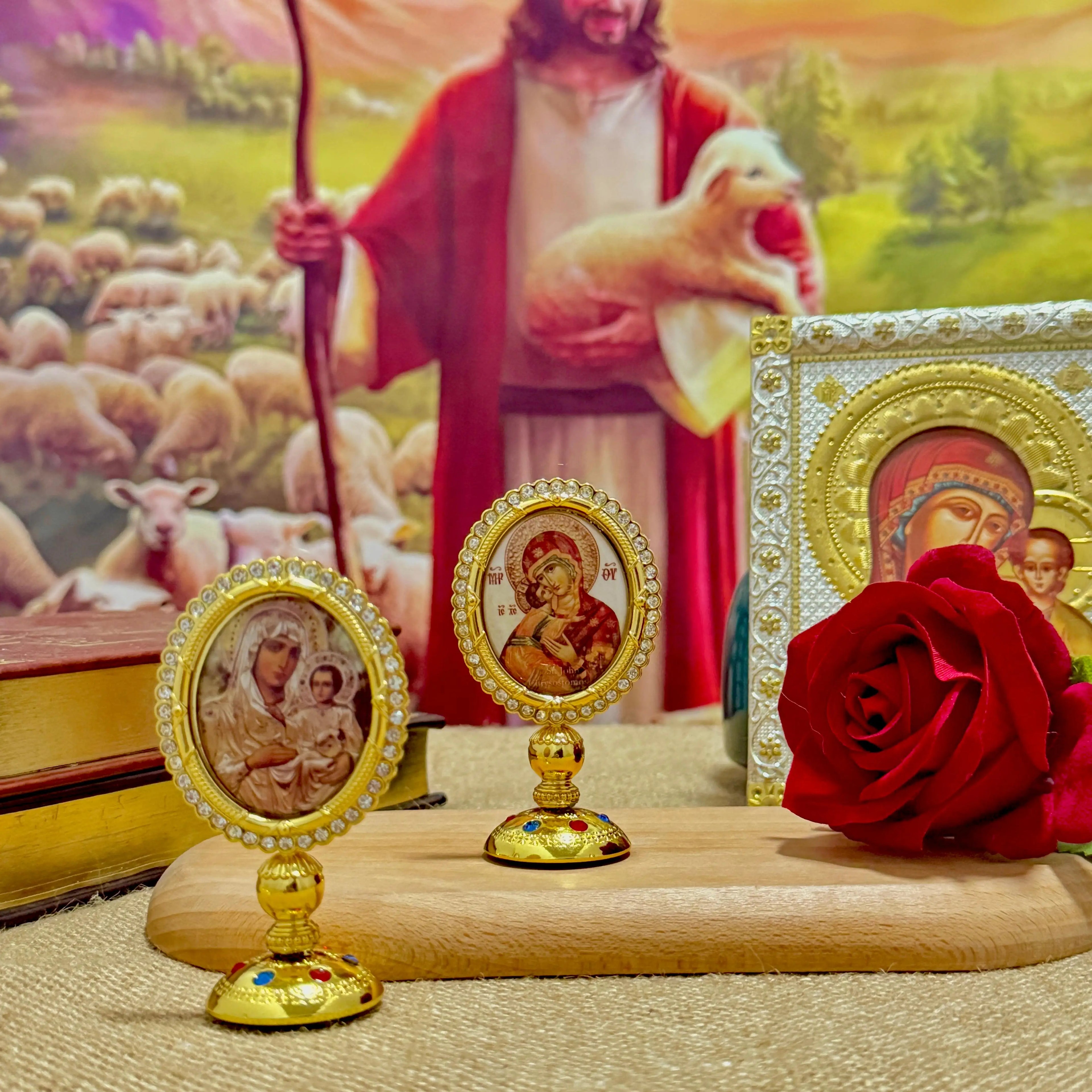3.35” Orthodox Virgin Mary Icon for Car Dashboard – Gold-Plated Christian Dashboard Ornament with Stick-On Base - Sylva