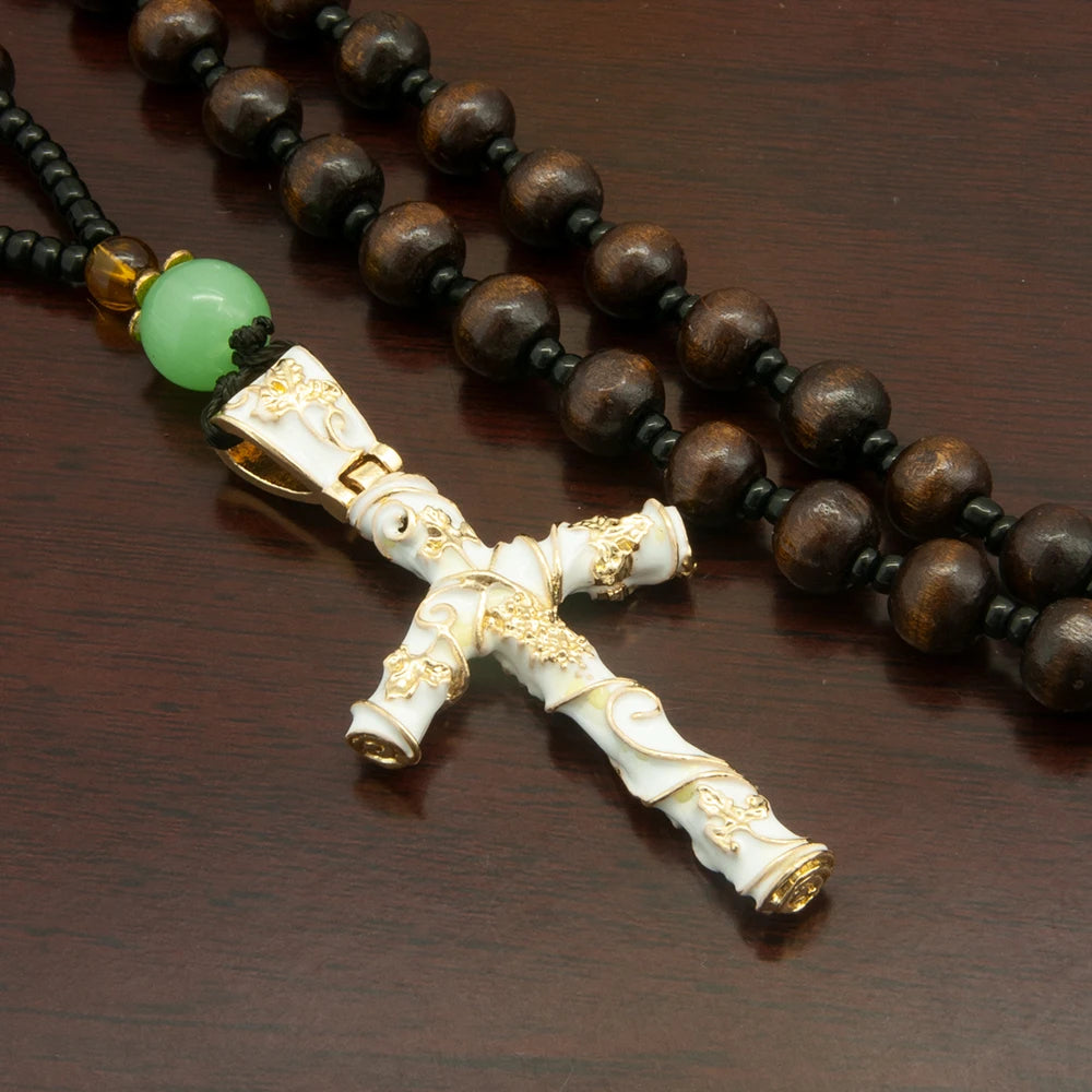 Christian Grape Vine Crucifix Bead Necklace – Black & Gold Religious Pendant