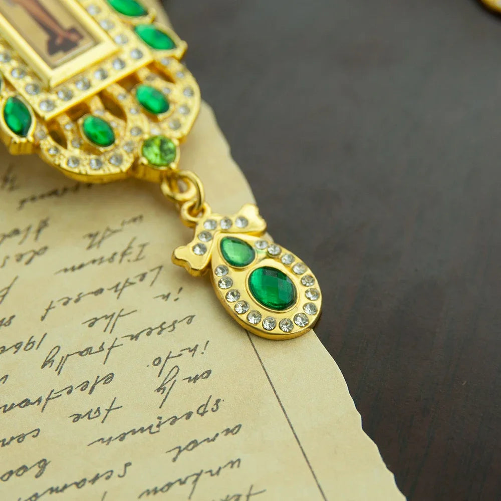 Gold-Plated Orthodox Pectoral Cross with Chain & Gemstone Accents