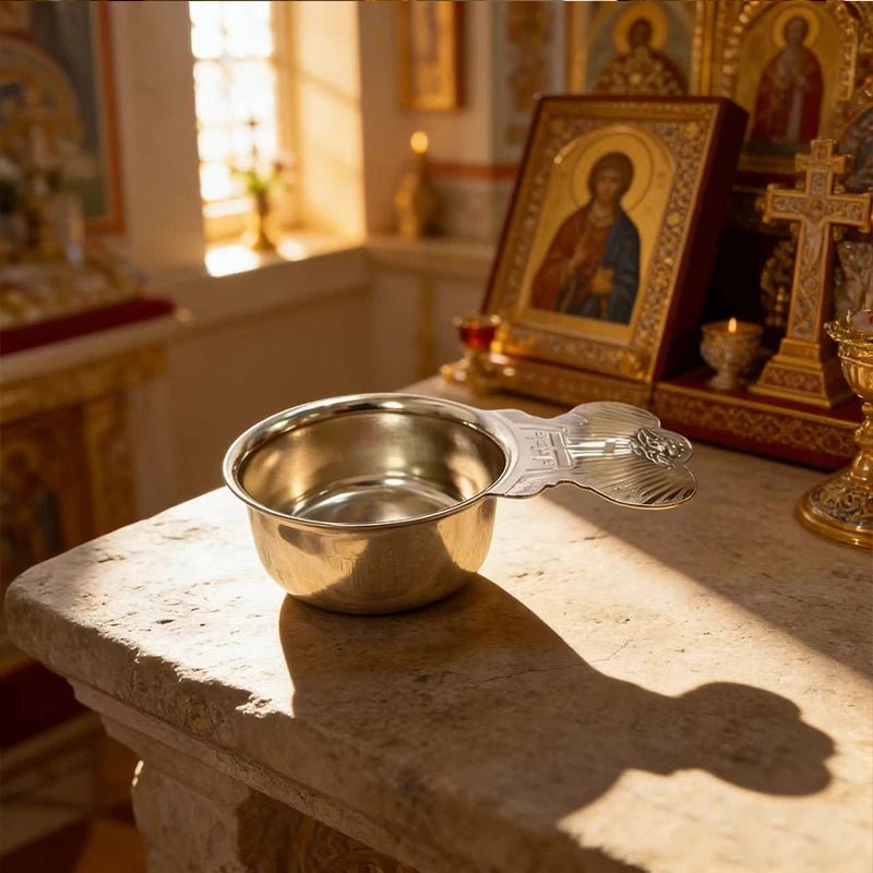 Orthodox Stainless Steel Holy Water Scoop with Cross Handle | Church Liturgy Ritual Ladle for Holy Water & Home Prayer | Christian Gift - Sylva
