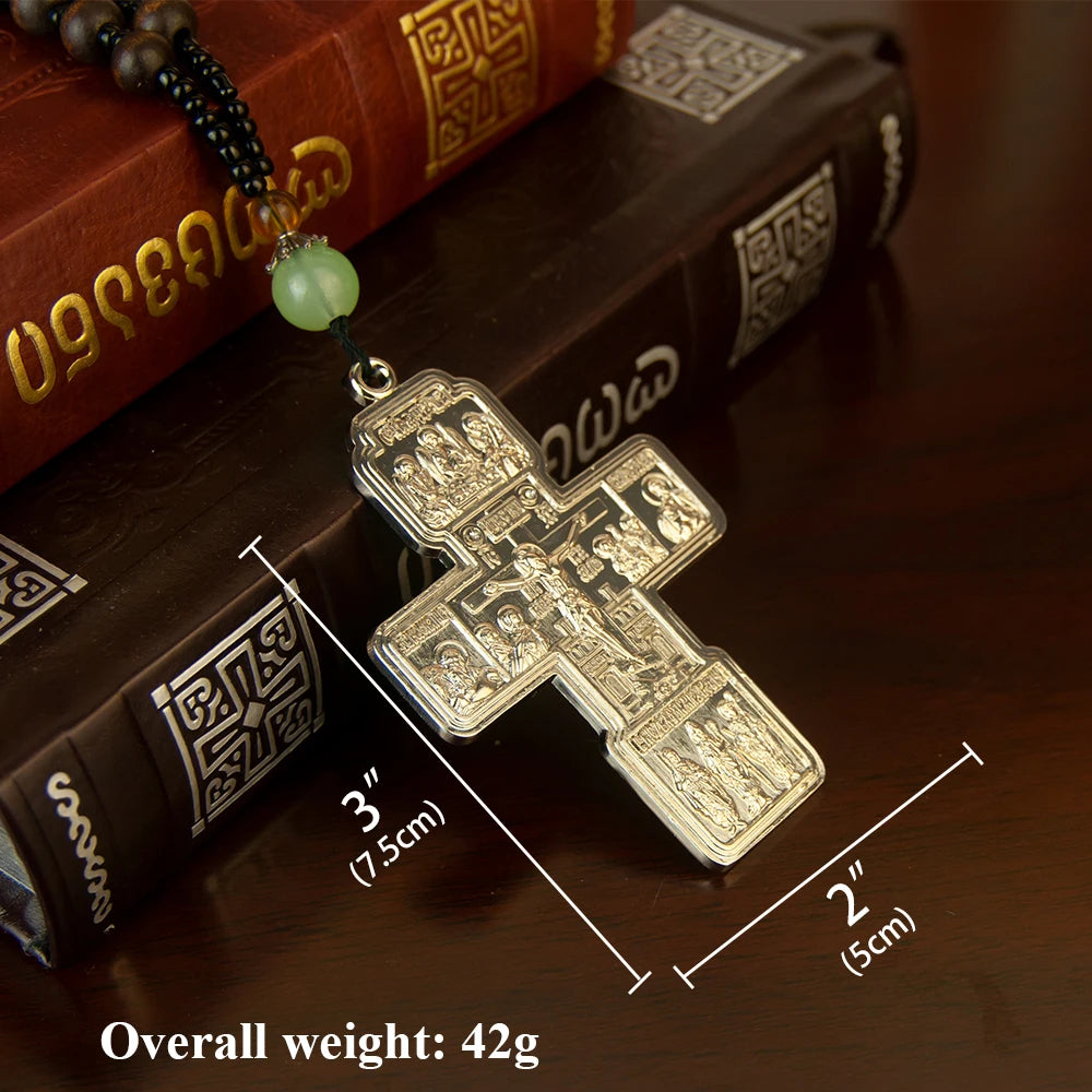Orthodox Cross Necklace with Wooden Bead Chain – Jesus Crucifix Prayer Jewelry