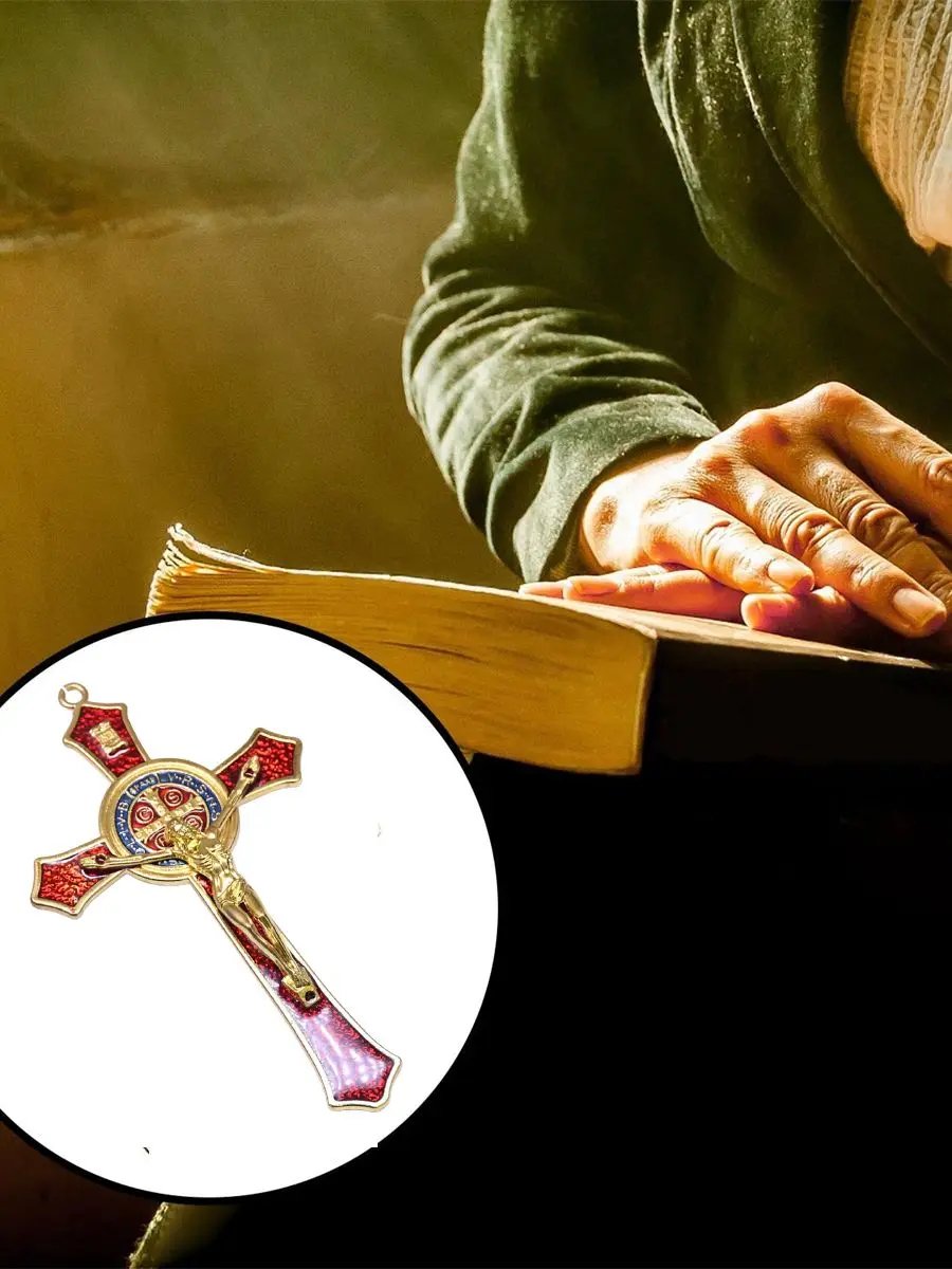 Saint Benedict Red Enamel Wall Crucifix Cross 12cm | Catholic Protection Cross with San Benito Medal