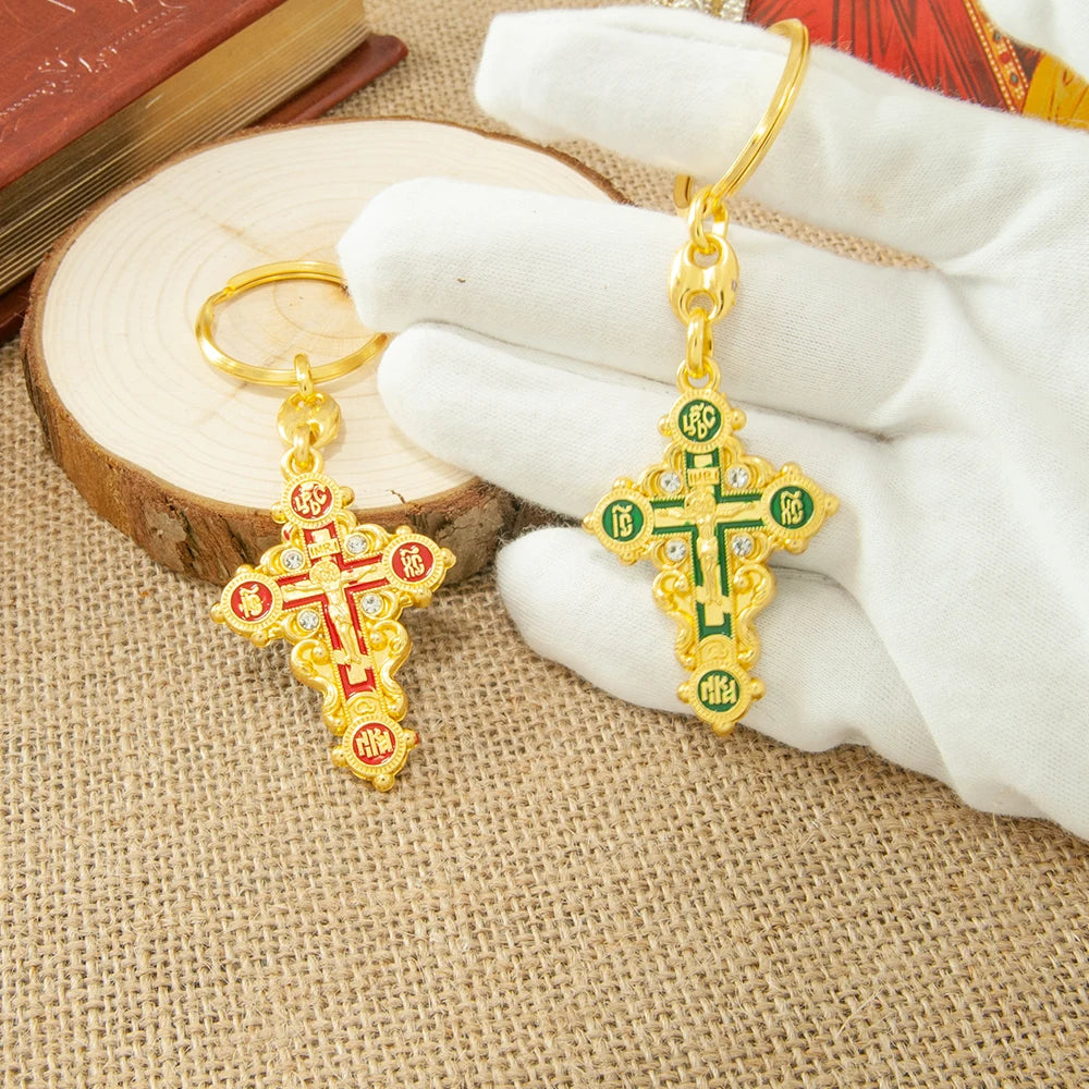 Orthodox Cross Keychain – Gold Plated Jesus Crucifix Religious Key Ring