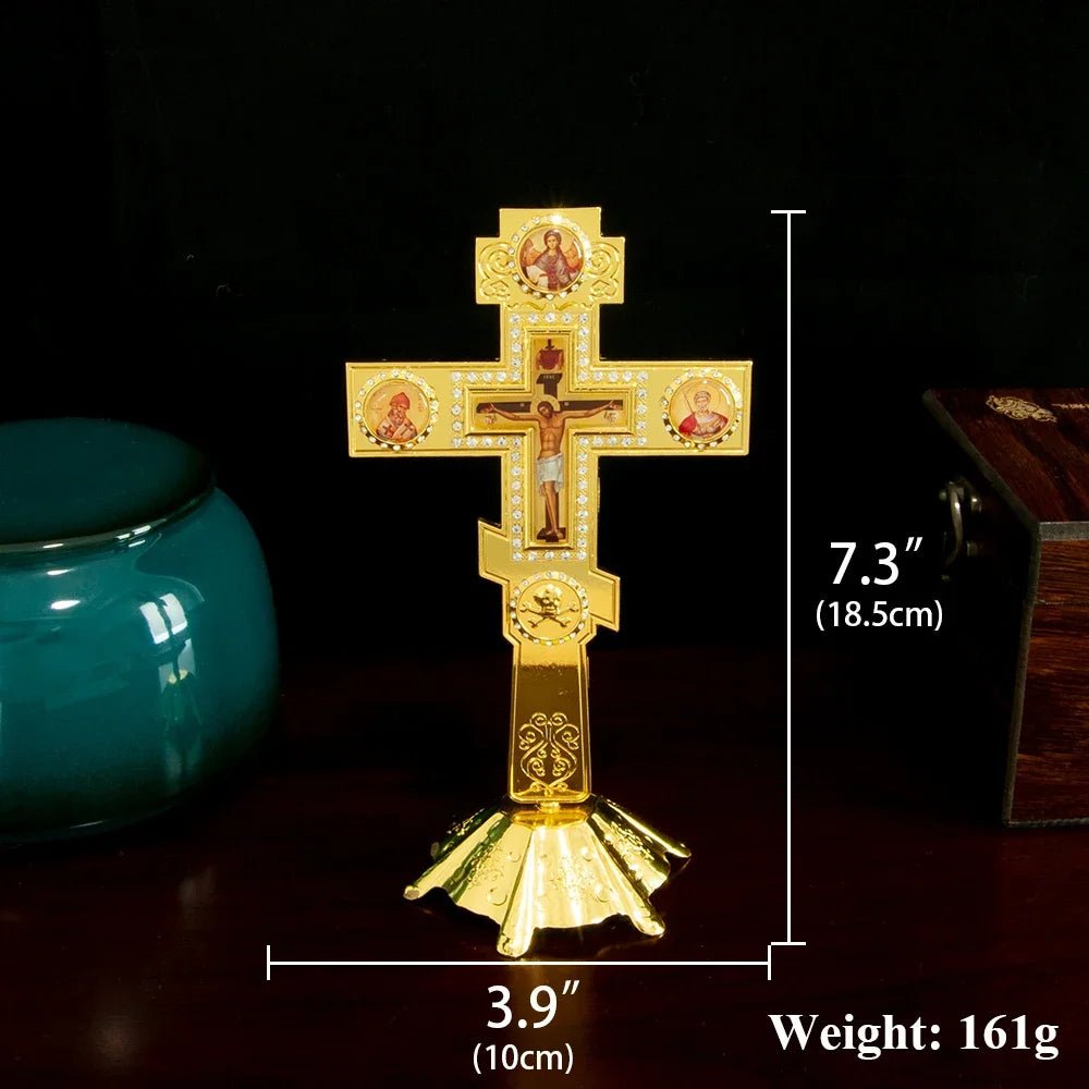 Orthodox-Style Standing Crucifix with Icon Details – Gold-Tone Prayer Corner Cross - Sylva
