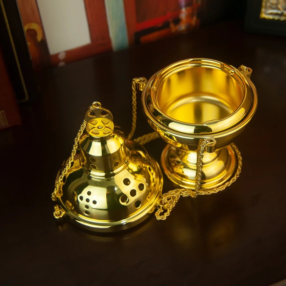 Premium Orthodox Church Incense Burner with Boat & Spoon – Traditional Greek Metal Thurible for Catholic & Orthodox Worship