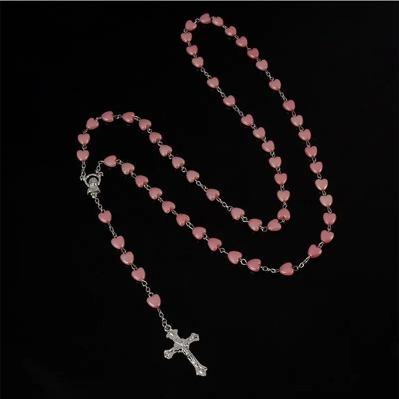 Handmade Pink & White Heart Bead Rosary Necklace – White Gold-Plated Catholic Prayer Beads with Cross Crucifix | Christian Devotional Gift