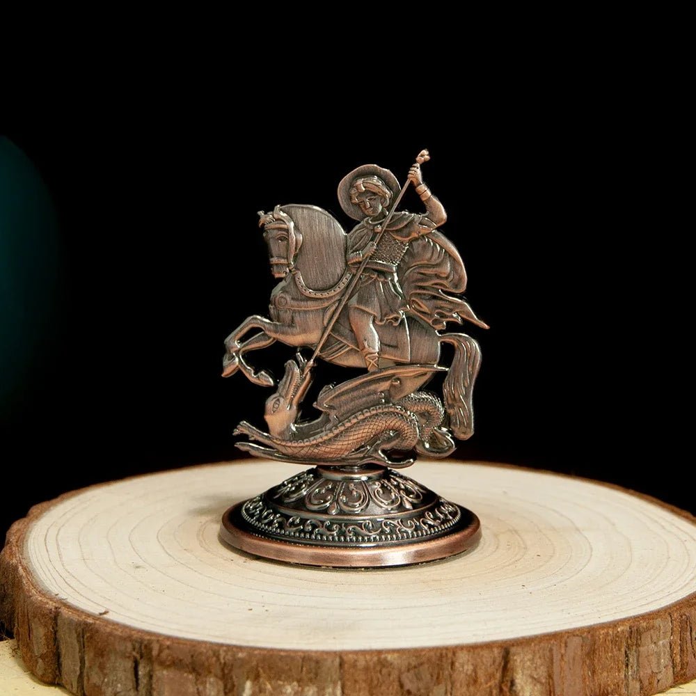 Saint George Dragon Slayer Statue – Gold-Tone Orthodox-Inspired Christian Table Decor - Sylva