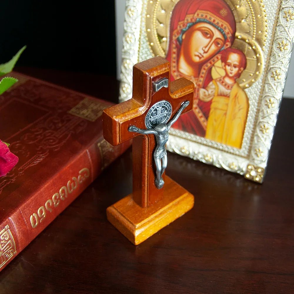 Catholic Wooden Saint Benedict Crucifix with Base – 11cm Standing Prayer Cross - Sylva