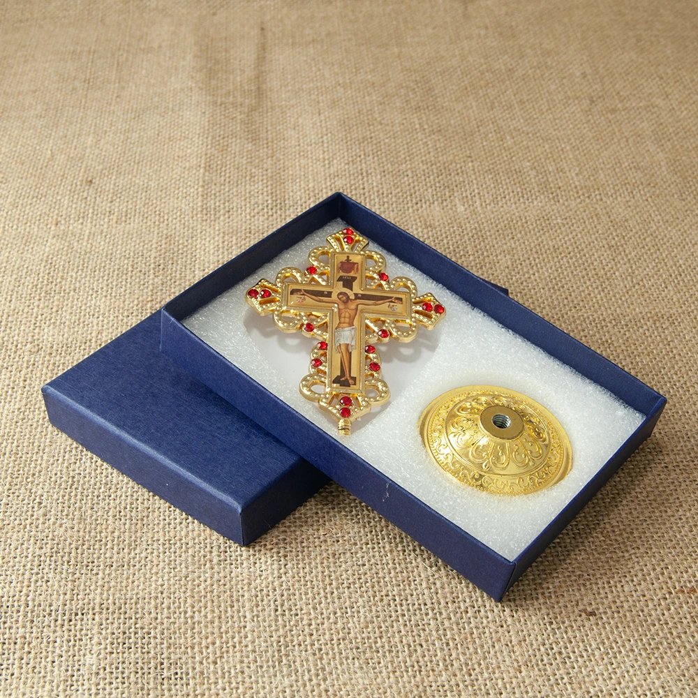 Gold Jesus Crucifix Cross Ornament with Red Rhinestones – 3.5” Zinc Alloy Christian Home Altar Desktop Cross Decoration | Orthodox & Catholic Religious Gift