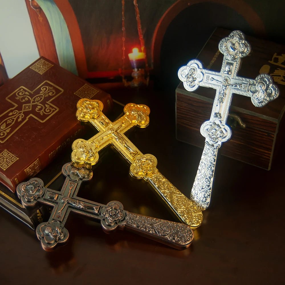 Orthodox-Style Hand Cross – Gold Metal Crucifix for Prayer & Church Display - Sylva