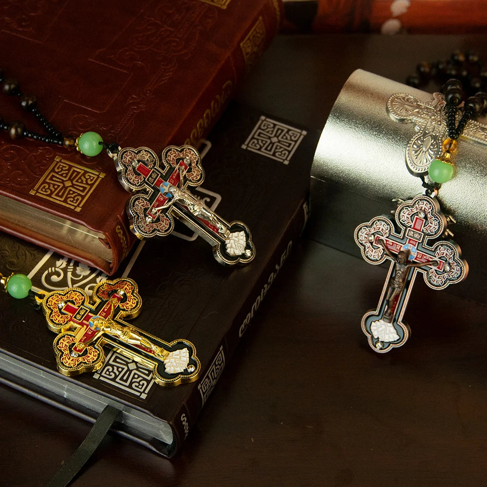 Orthodox Cross Necklace with Wooden Rosary Beads – Jesus Crucifix Prayer Jewelry