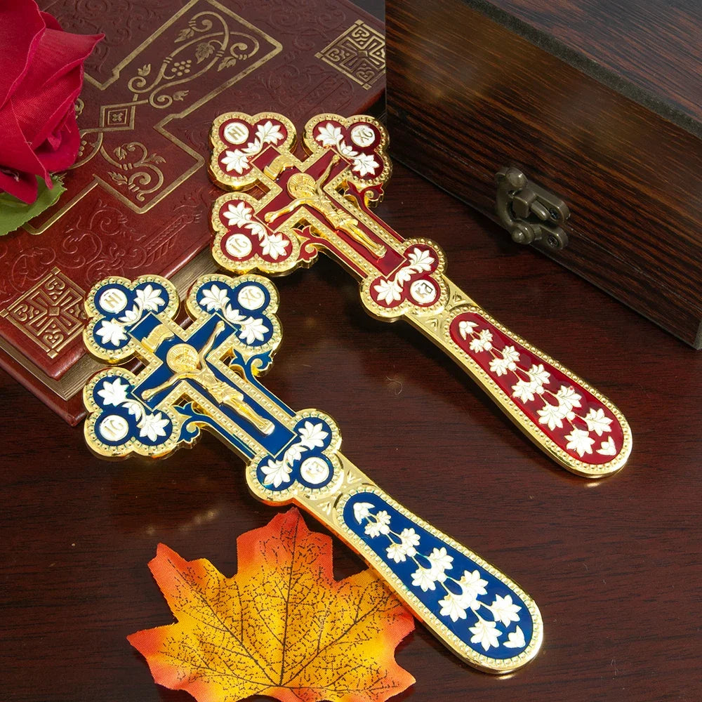 Orthodox Handheld Blessing Cross with Jesus Icon – Gold Enamel Crucifix