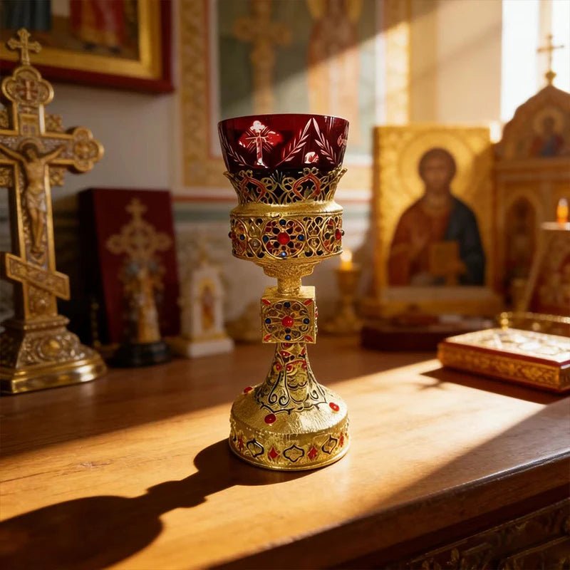Gold-Plated Orthodox Catholic Liturgical Chalice with Red Glass Cup - Sylva