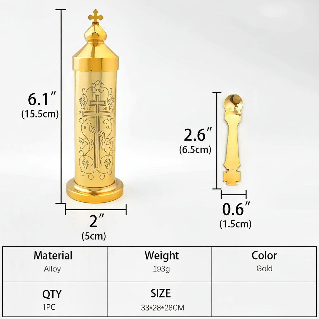 Orthodox Holy Oil Vessel with Prayer Spoon – Gold Plated Eastern Church Ceremonial Oil Container