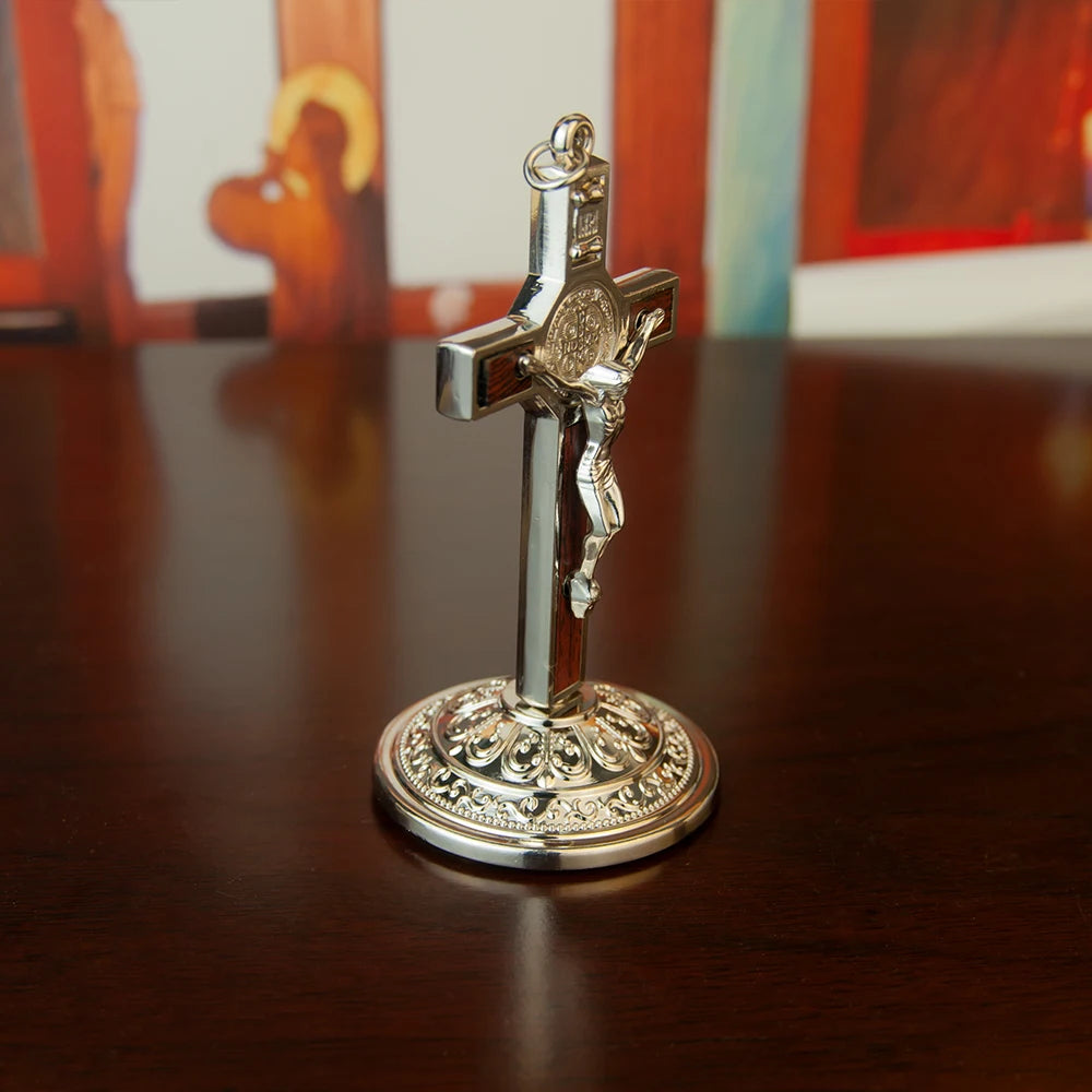 Catholic Table Crucifix with Stand – Metal Jesus Cross for Home Altar & Prayer